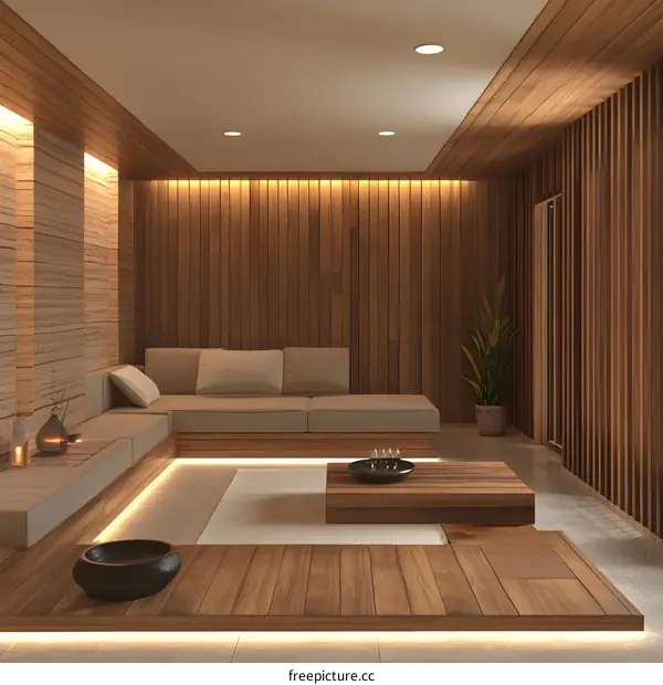 Modern Minimalist Japanese Style Living Room Interior Design With Wooden Walls And Floor