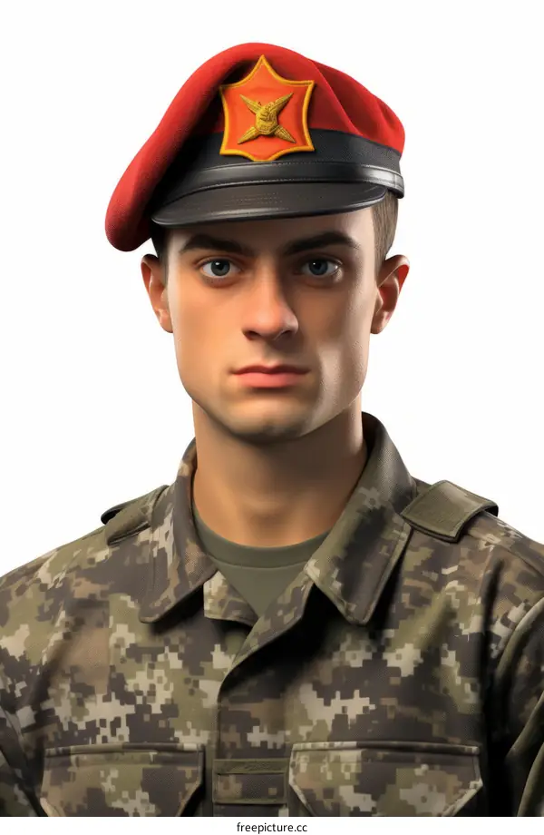 Portrait of a young soldier wearing a red beret