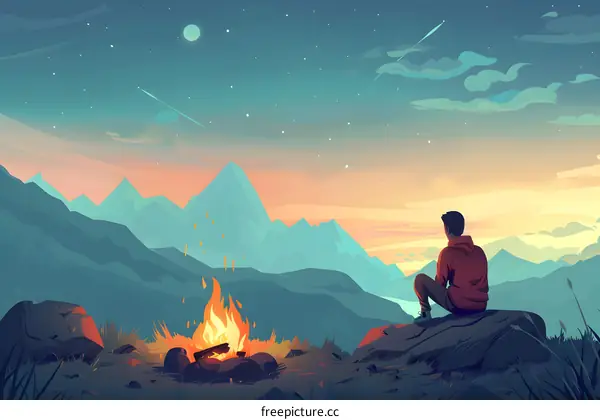 Mountain View with Campfire and Man