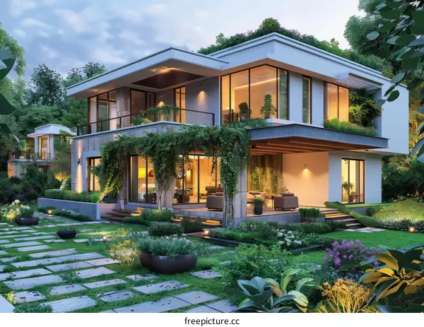 A luxurious modern house with a beautiful garden and a swimming pool