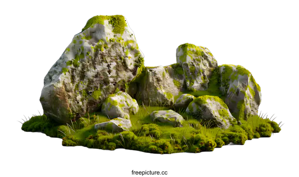 [Transparent Background PNG]Moss Covered Rocks in a Forest Setting