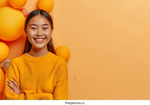Happy Asian Woman with Balloons in Yellow Sweater