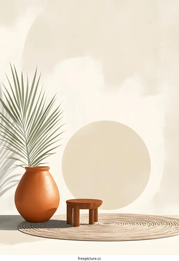 Minimalist Interior Design with Wooden Stool and Palm Leaf