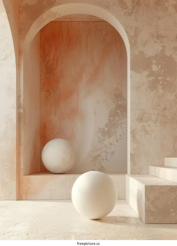 3D rendering of a minimalist room with two spheres