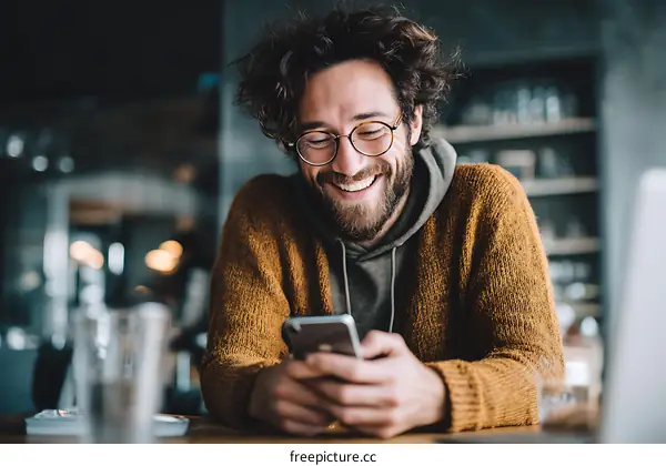 Happy Man Using Smartphone in Cafe