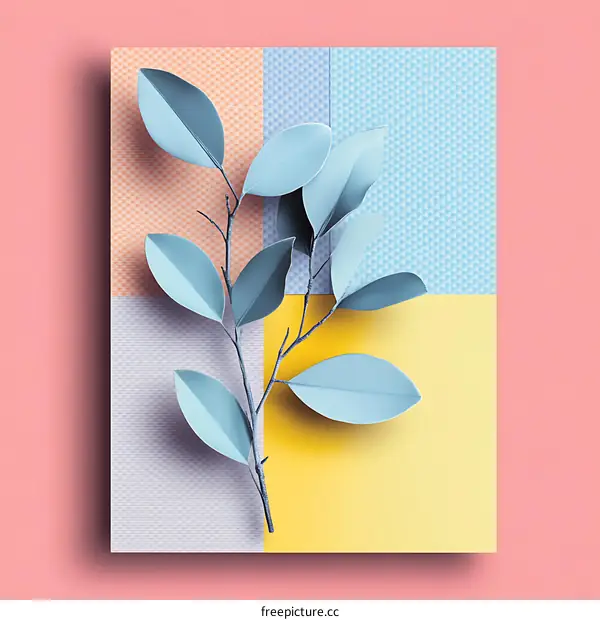 Blue Leaves on Colorful Paper Background