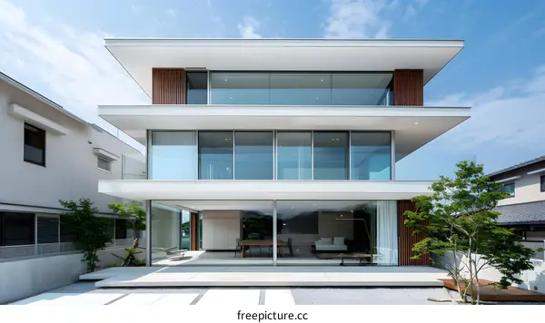 Modern White House with Large Windows and Glass Balconies