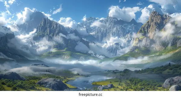 Misty Mountain Landscape with River and Trees