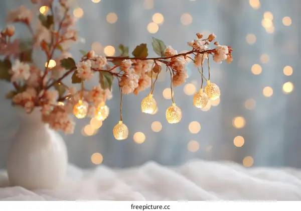 Warm Light String Lights Decorated on Cherry Blossom Branch
