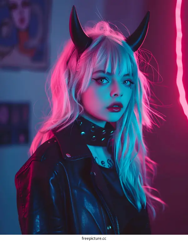 Young Woman in Devil Horns Wearing a Leather Jacket and Looking at the Camera