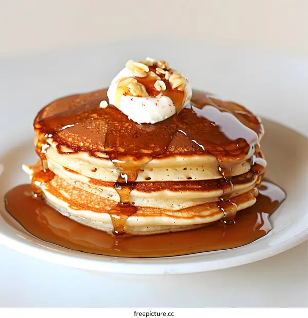 Stack of Pancakes with Syrup and Toppings