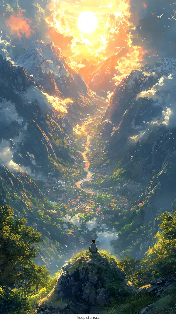 Lonely Figure Sitting on a Mountaintop overlooking a valley with a town at the bottom