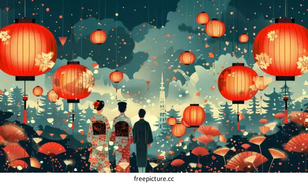 Japanese Couple in Kimono Admiring Cherry Blossoms at Night