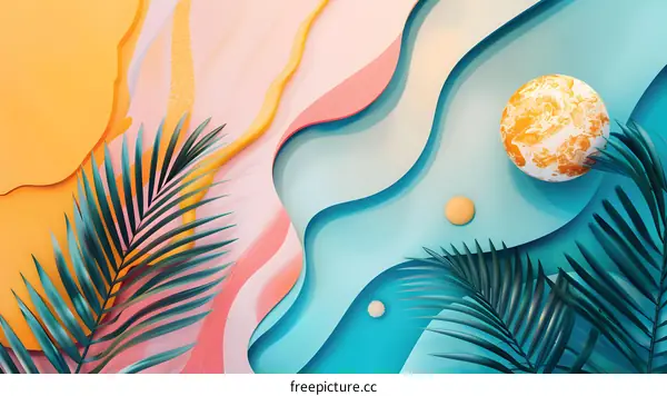 Abstract Background with Palm Leaves and Curved Shapes