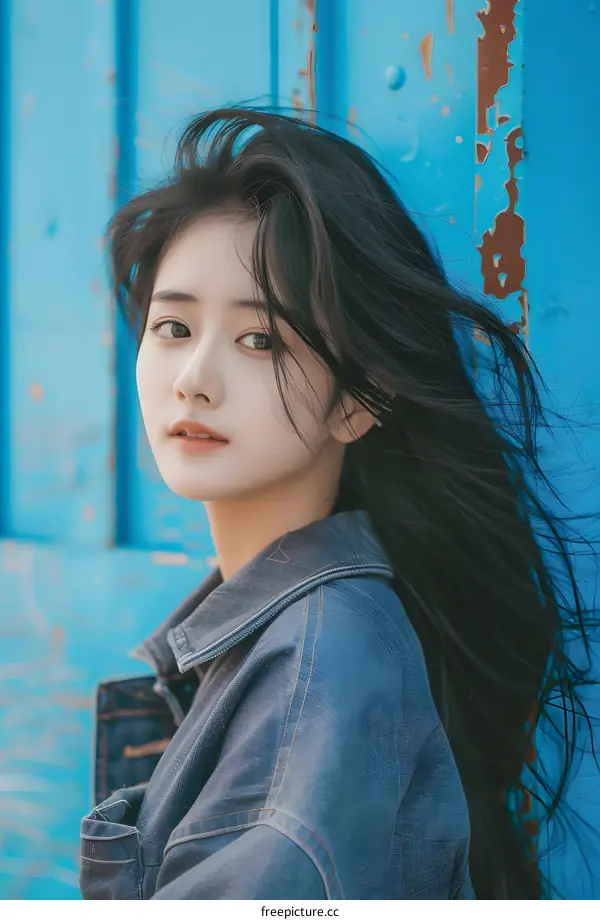 Portrait of a Young Woman with Long Black Hair Wearing a Denim Jacket