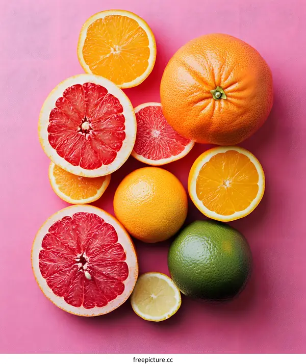 Fresh Citrus Fruits on Pink Background
