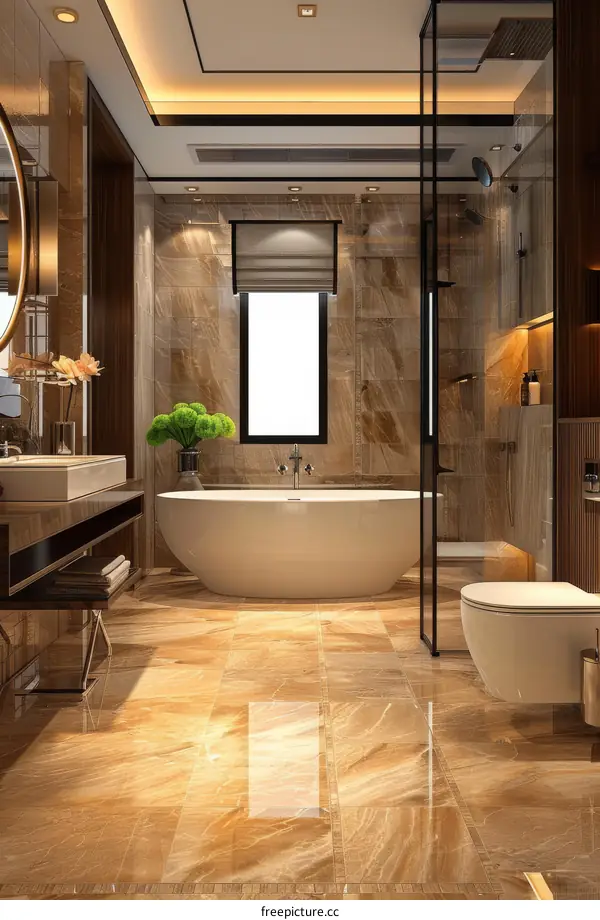 Luxury bathroom with marble tiles and freestanding bathtub