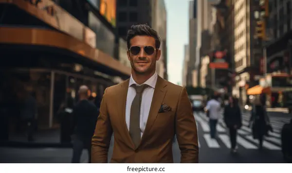 A well-dressed man in a suit and sunglasses is standing in the middle of a busy city street.