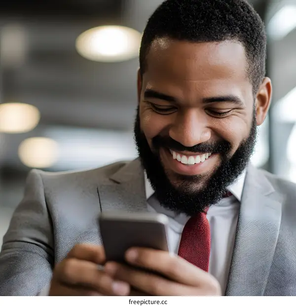 Smiling Black Businessman Looking At Phone