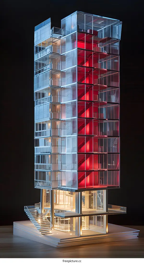 Modern Glass Building Model With Red Staircase