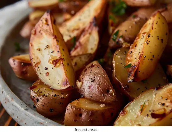 Close Up of Roasted Potato Wedges with Herbs and Spices