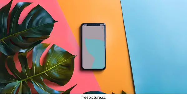 Smartphone Lay Flat with Tropical Leaves on a Colorful Background