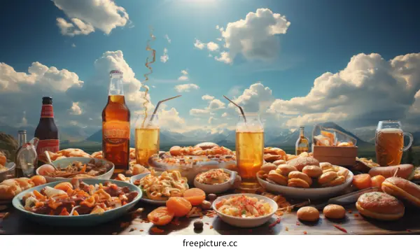 A picnic table full of food and drinks with a beautiful mountain landscape in the background