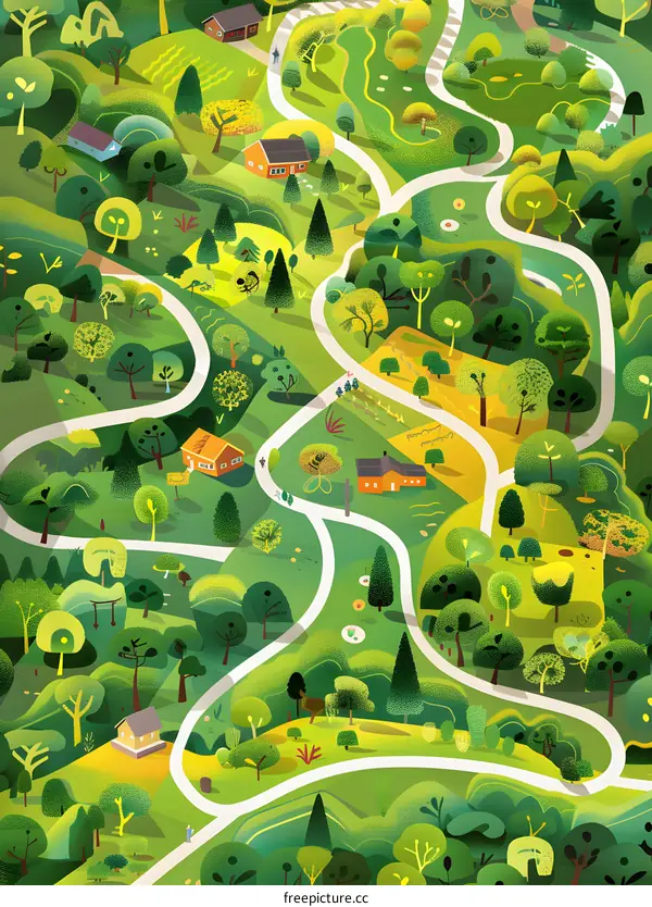 Aerial View of Green Landscape with Winding Path and Houses