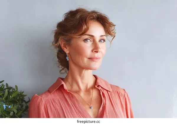 Middle-aged woman with curly hair wearing pink shirt