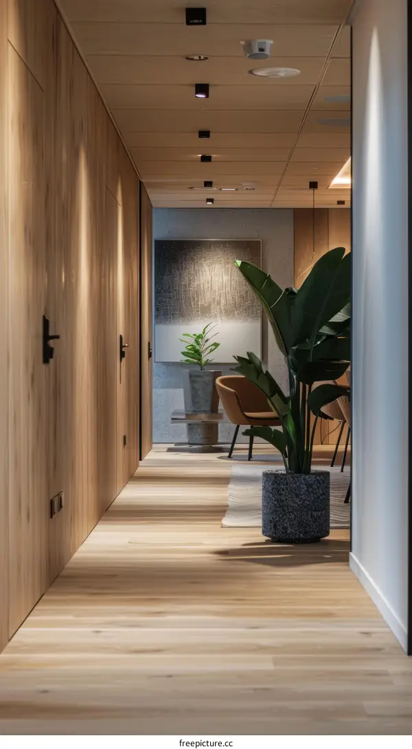 Office Corridor with Wooden Walls and Green Plant