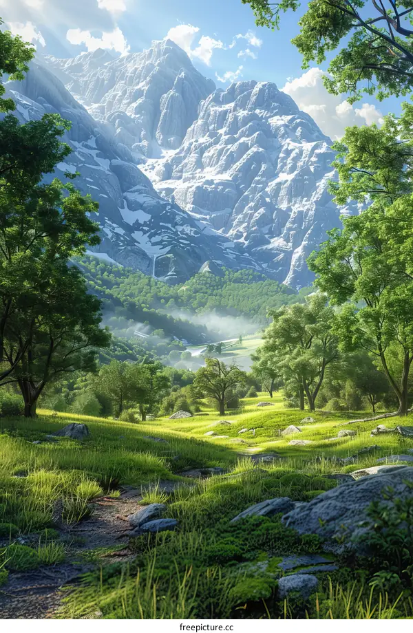 Fantasy Landscape Painting of Mountains and Trees