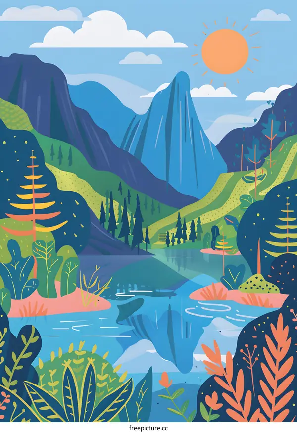 Mountain Lake Landscape Illustration
