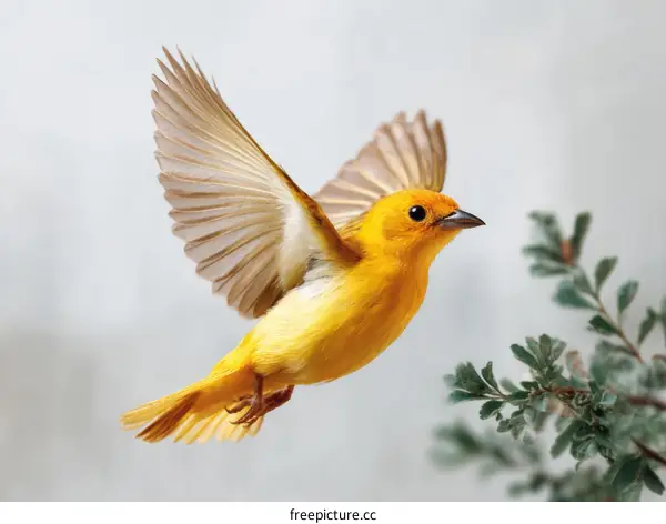 Beautiful Yellow Bird in Flight Against a Light Background
