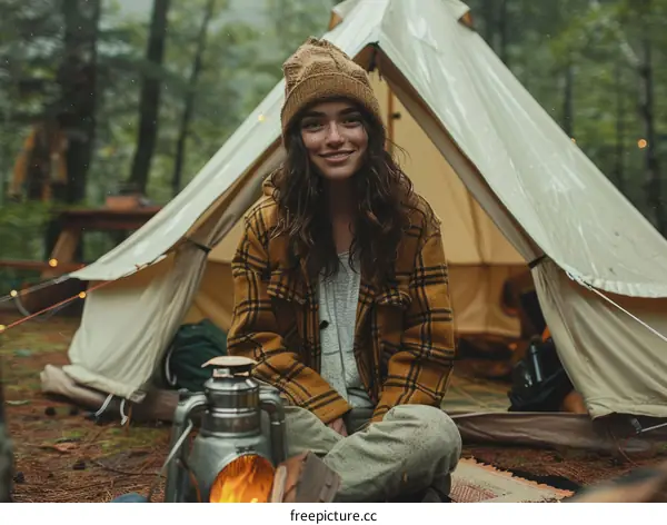 Young woman with freckles sitting in front of a tent in the woods