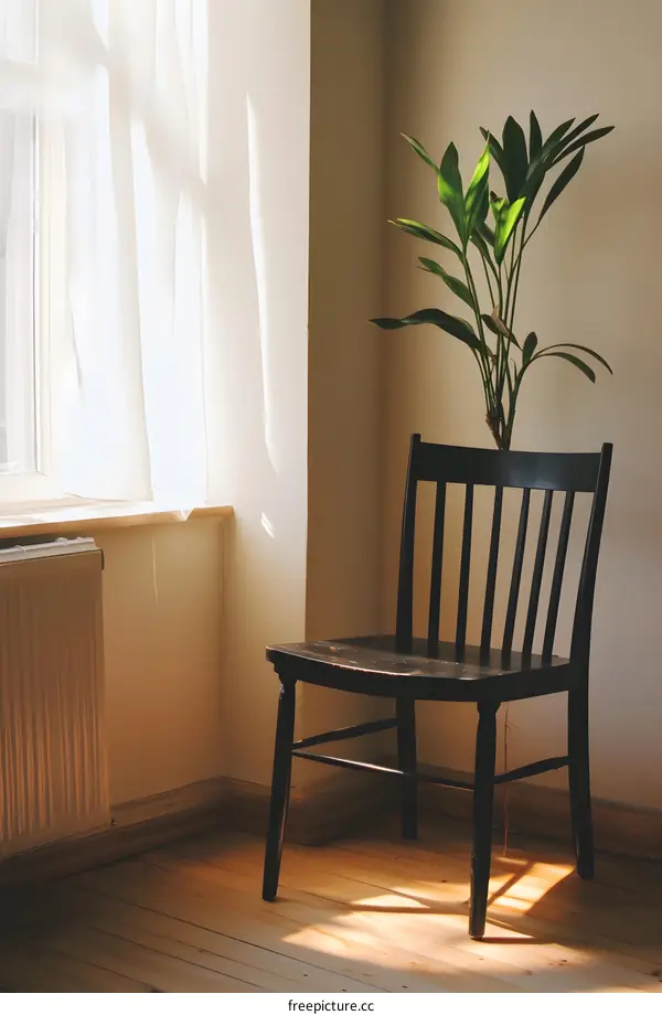 Black Chair In A Corner With A Plant In The Background