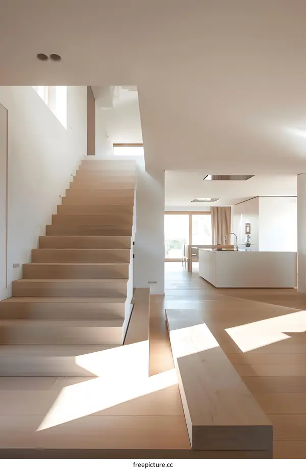 Modern Minimalist Interior Design with Wooden Staircase and Natural Light