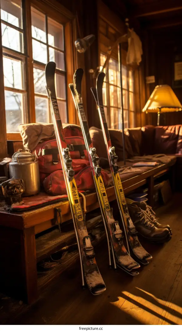 Cozy Cabin with Skis and Ski Boots