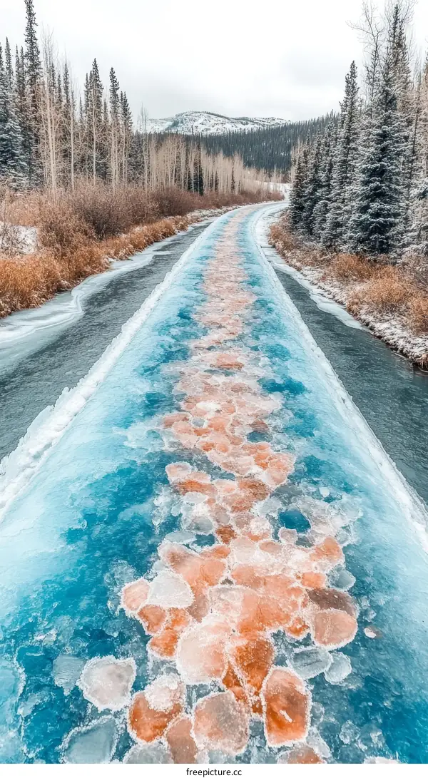 Frozen River Pathway with Colorful Ice
