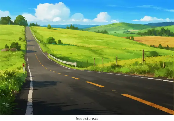 A winding road through a lush green countryside under a clear blue sky
