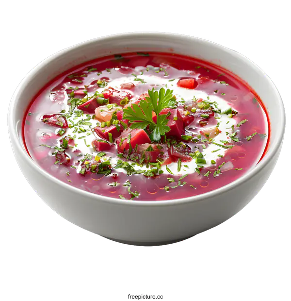 [Transparent Background PNG]Bowl of delicious beetroot soup with cream