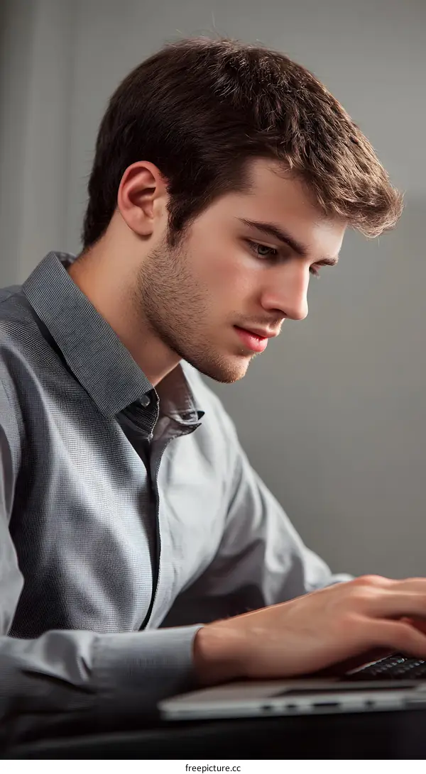 Young Man Working on Laptop Computer