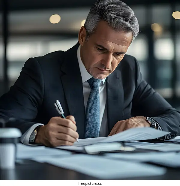 Businessman Working on Documents in Office