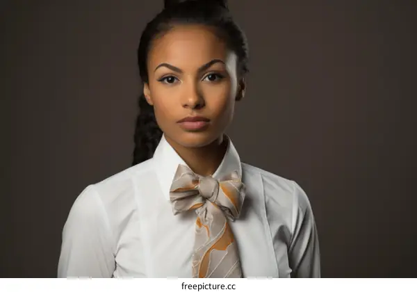 portrait of a young woman wearing a white shirt and a bow tie