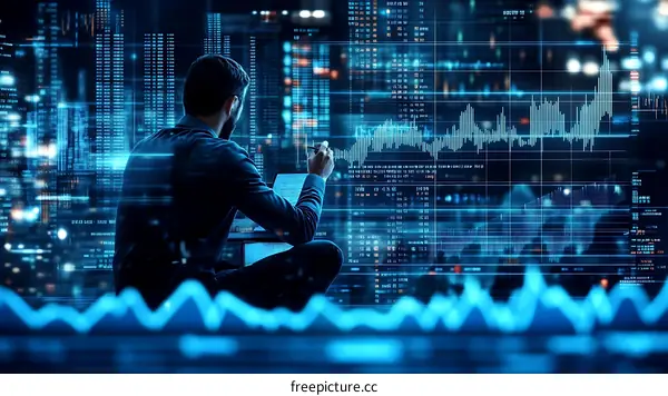 Businessman Analyzing Data in a Futuristic Cityscape