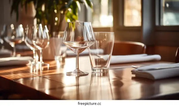 Elegant restaurant table setting with wine glasses and sunlight