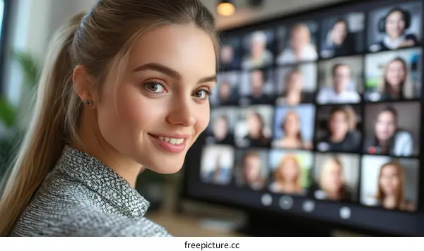Woman in a video conference with many people