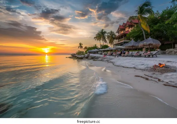Beach sunset with palm trees and people