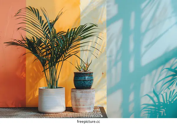 Palm Tree Plant in White Pot on Yellow Wall