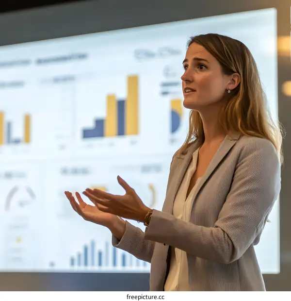 Woman giving presentation in front of charts and graphs on a screen