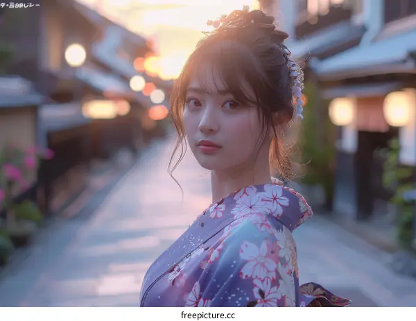 Asian Woman in Traditional Japanese Kimono at Sunset